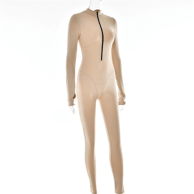 Sports Female Sexy Long Sleeves Jumpsuit with Front Zipper, SF1061, mid-waist, slight stretch, polyester, beige, female activewear